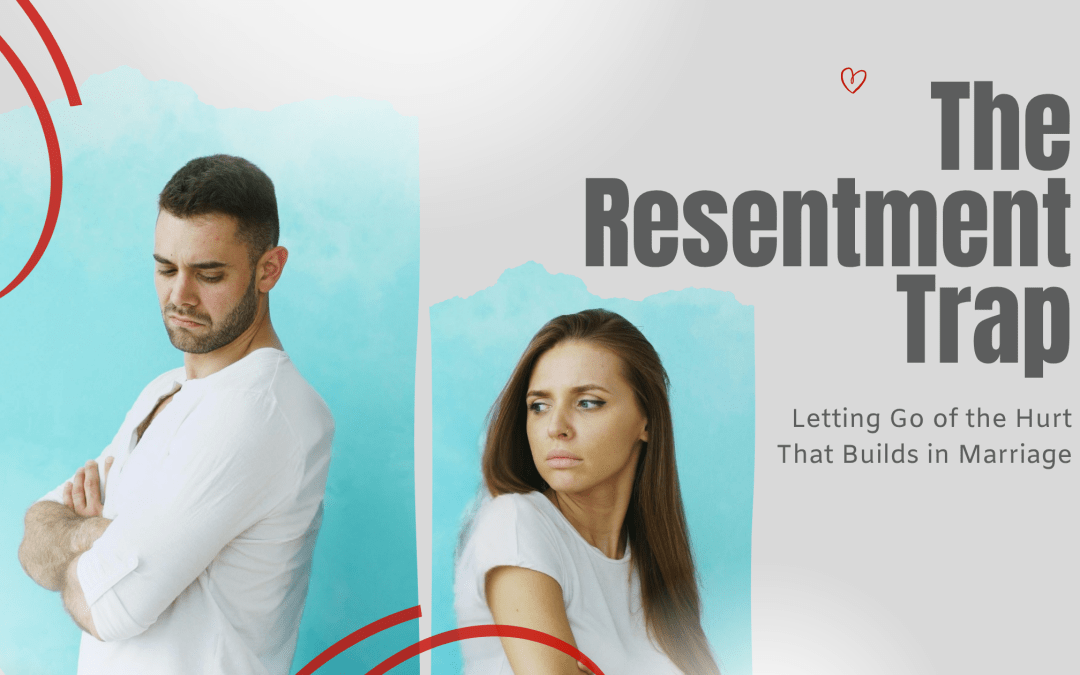 A husband and wife stand back to back with arms crossed, both looking away, illustrating the emotional distance that builds when couples struggle with letting go of resentment in marriage.