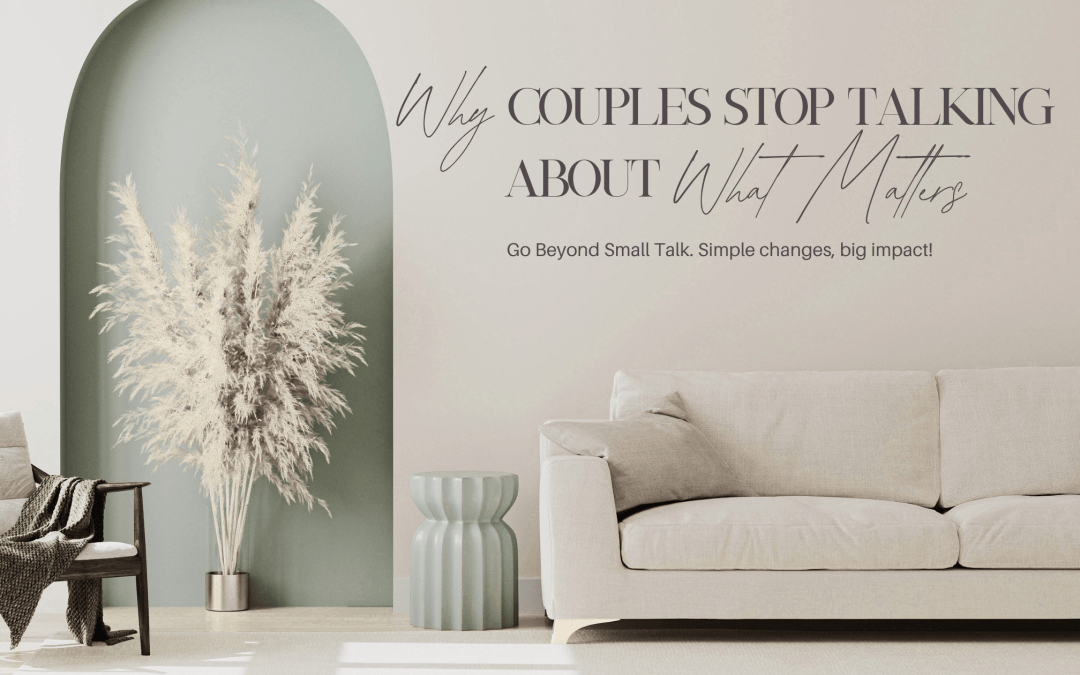 A warm, neutral living room with a cream sofa and armchair beside a sage green arched alcove, illustrating the kind of intentional space couples can create for better marriage conversations beyond small talk.